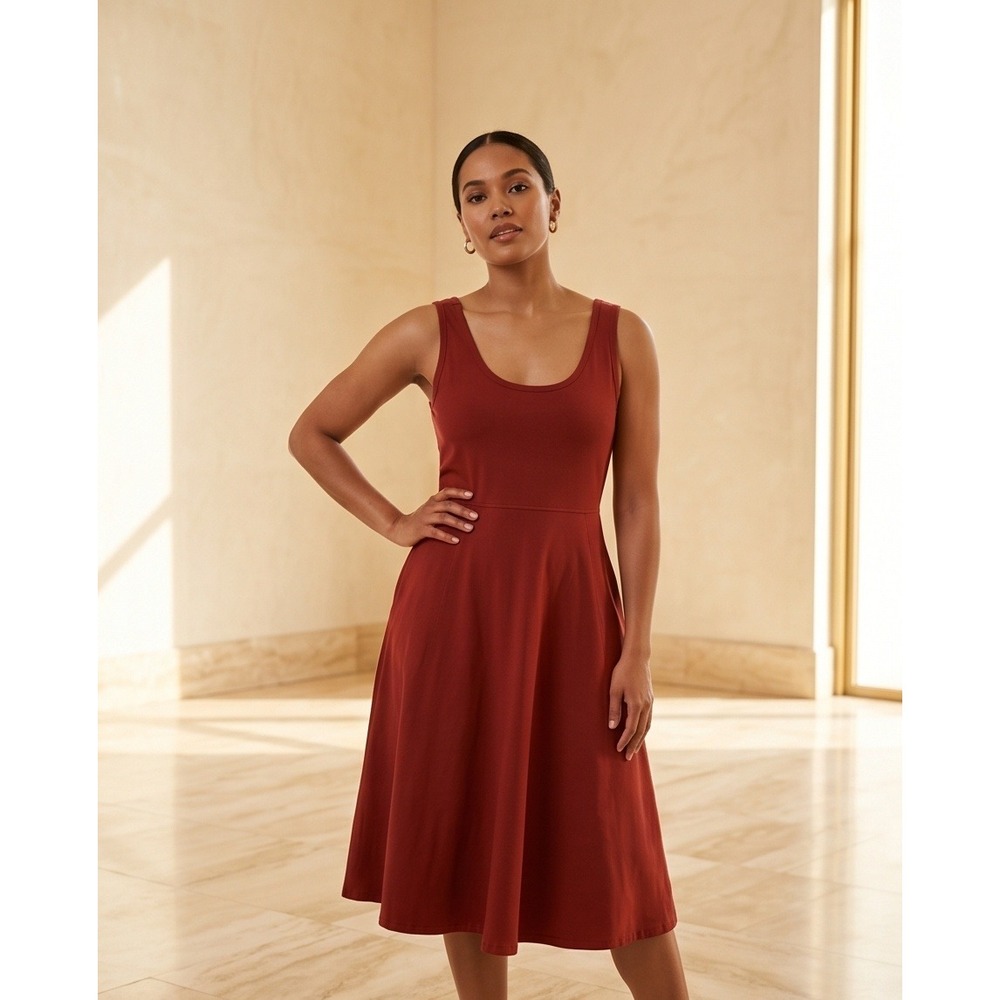 Torrid 2 Rust Red Orange‎ Cotton Spandex Fit & Flare Midi Dress With Pockets 2X